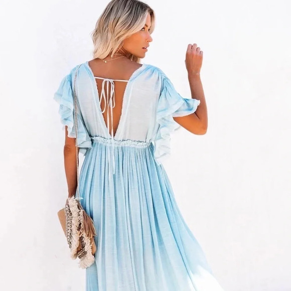 Boho Summer Front Button Flutter Sleeve Lounge Beach Coverup/Maxi Dress NEW - Picture 5 of 11